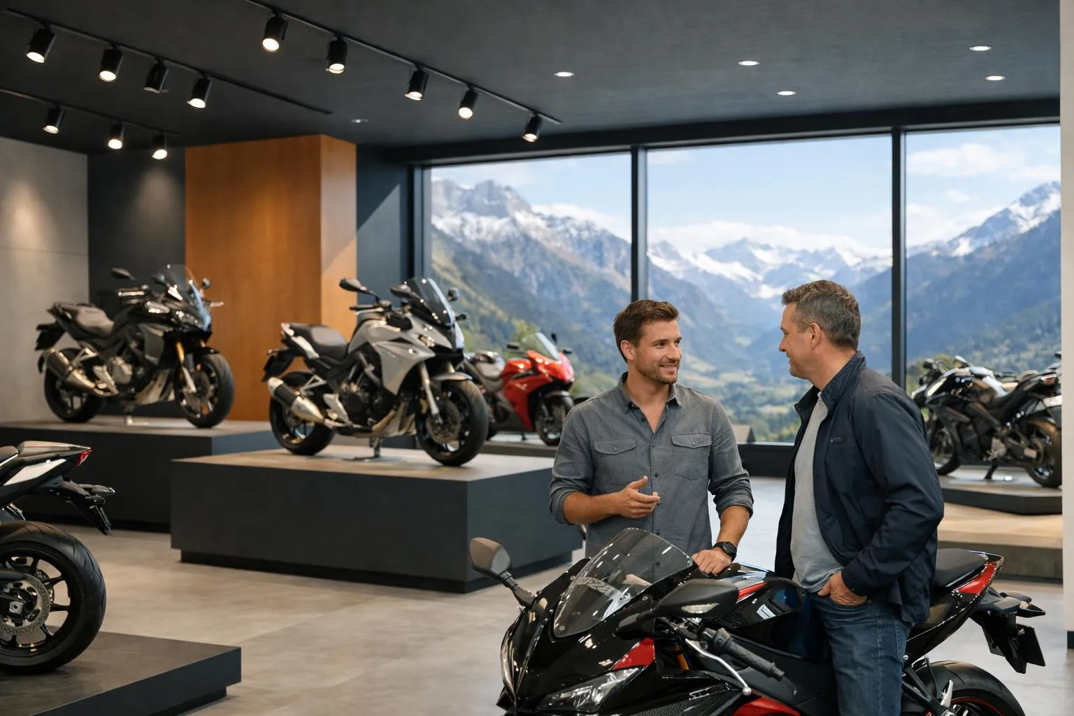 Deux hommes discutant dans un showroom de motos avec vue sur les montagnes.