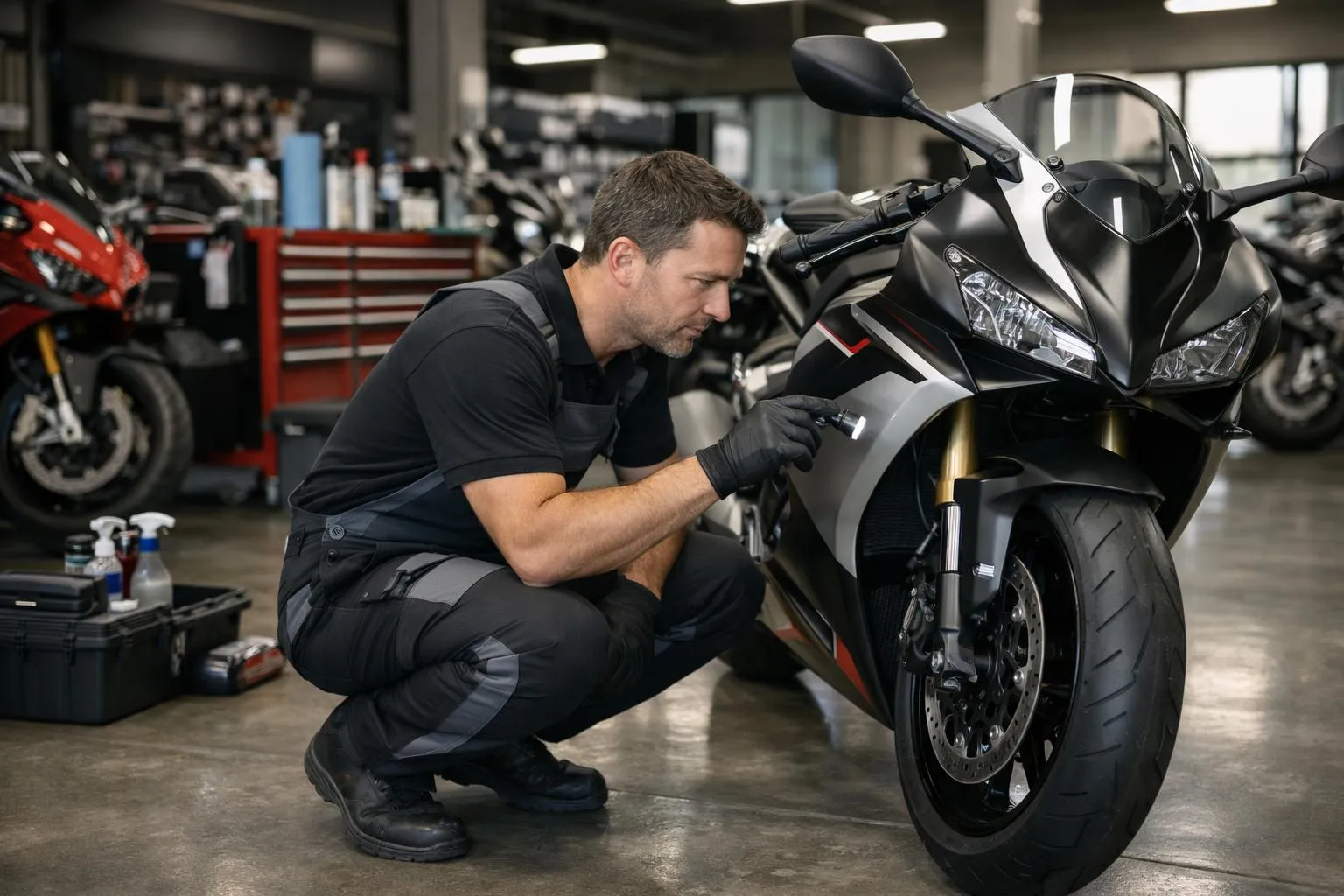 Mécanicien examinant attentivement une moto sportive dans un atelier.