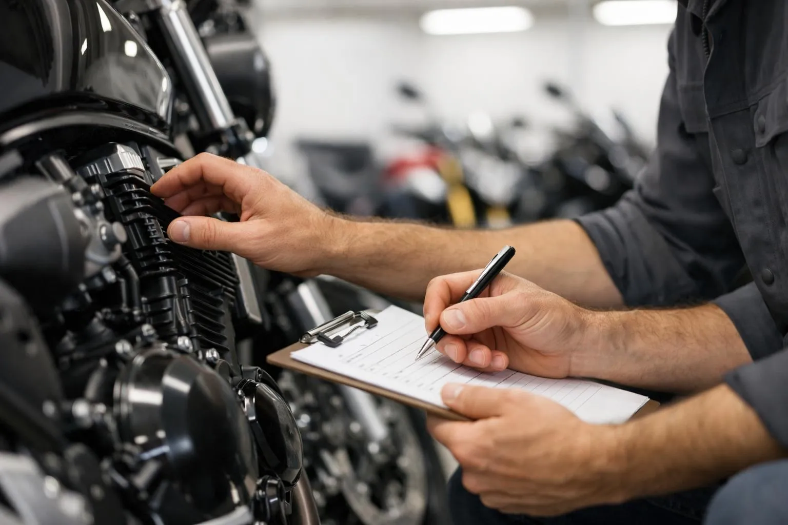 Mécanicien effectuant l'entretien d'une moto dans un atelier.