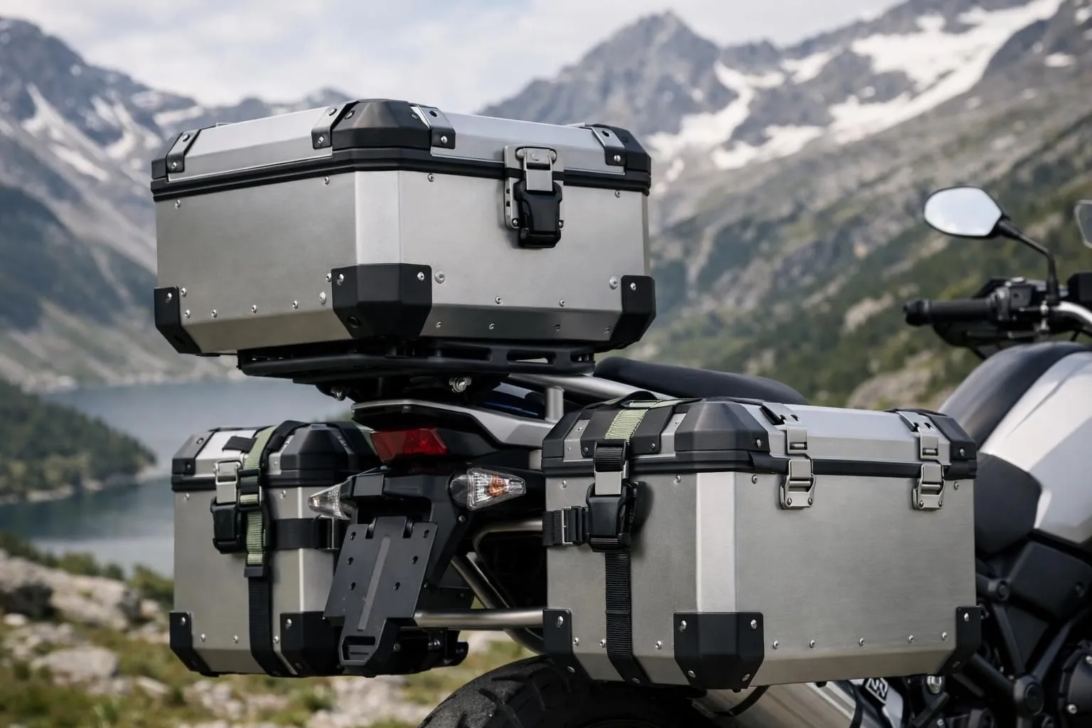 Gros plan sur des sacoches en aluminium robustes et un top case montés sur une moto d'aventure garée dans un cadre alpin, avec des sangles et des mécanismes de verrouillage visibles, photographie réaliste avec un éclairage naturel.