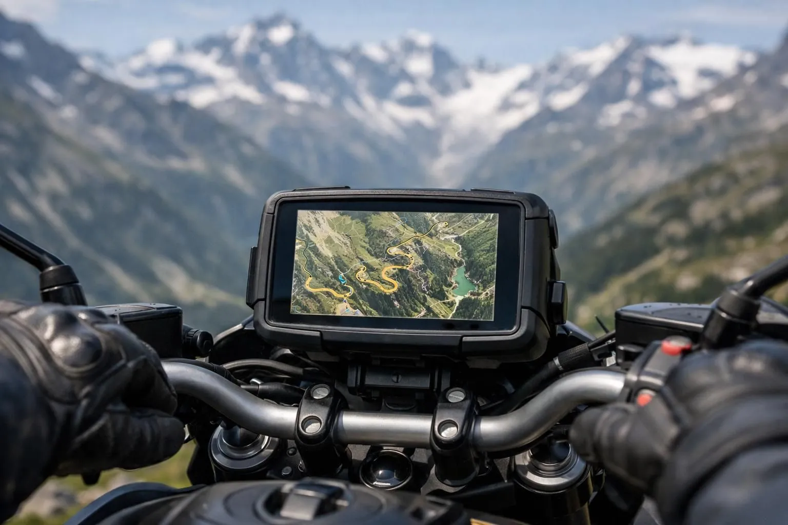 Un GPS de moto monté sur le guidon affiche une carte de route alpine sinueuse, avec des mains gantées et des sommets suisses en arrière-plan flou.