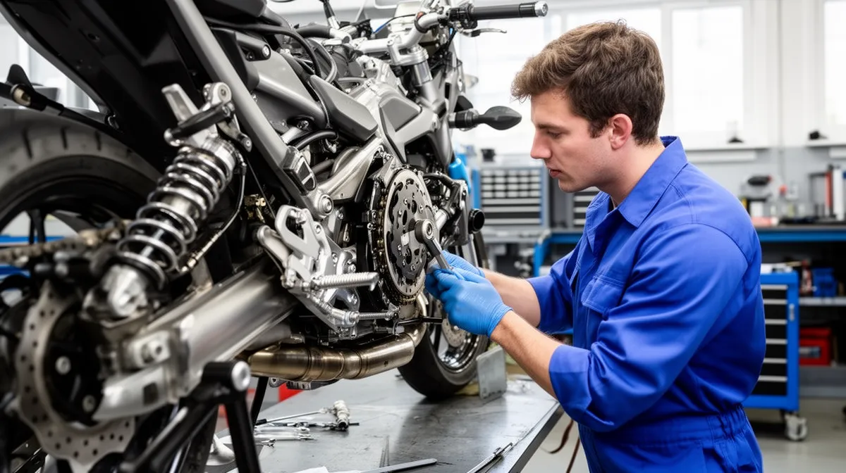 Mécanicien réparant une moto dans un atelier de réparation.