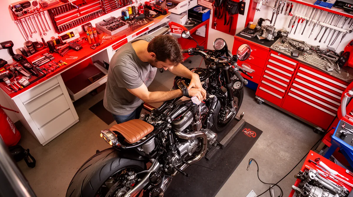 Mécanicien réparant une moto personnalisée dans un atelier bien équipé.