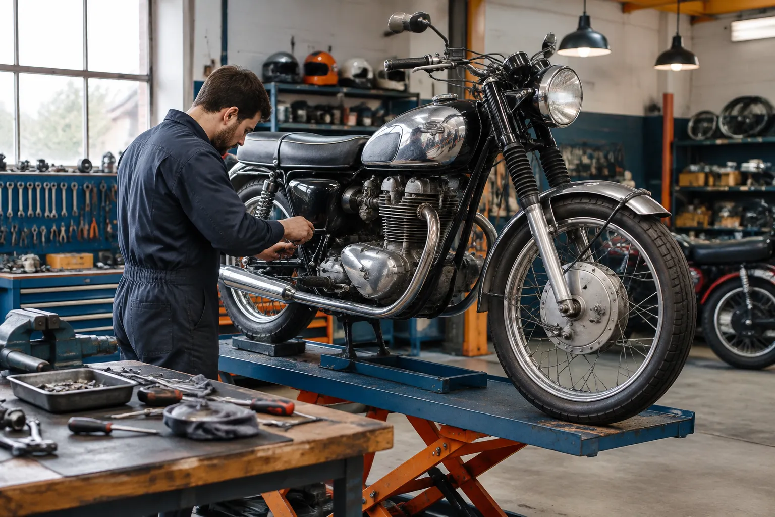 Mécanicien réparant une moto vintage sur élévateur d’atelier