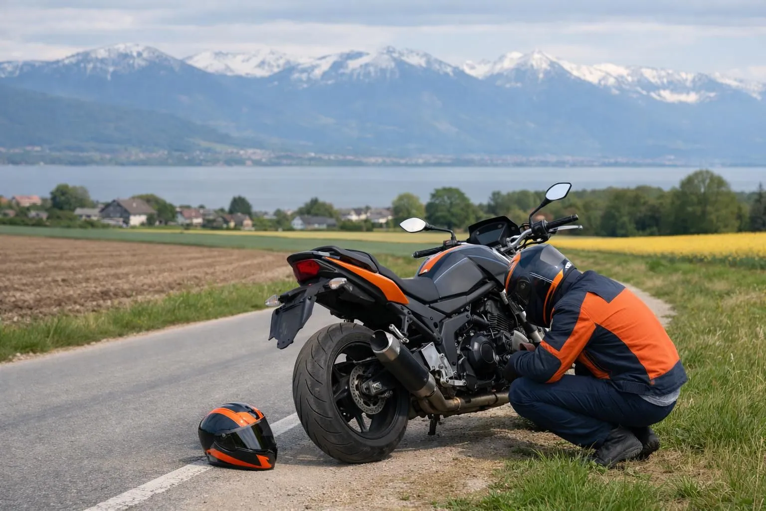 Un motocycliste se tient à côté de sa moto en panne sur le bord de la route suisse près de Bevaix, l'air inquiet en consultant son téléphone, un problème mécanique visible sur la moto, un paysage rural suisse en arrière-plan, photographie de style documentaire réaliste
