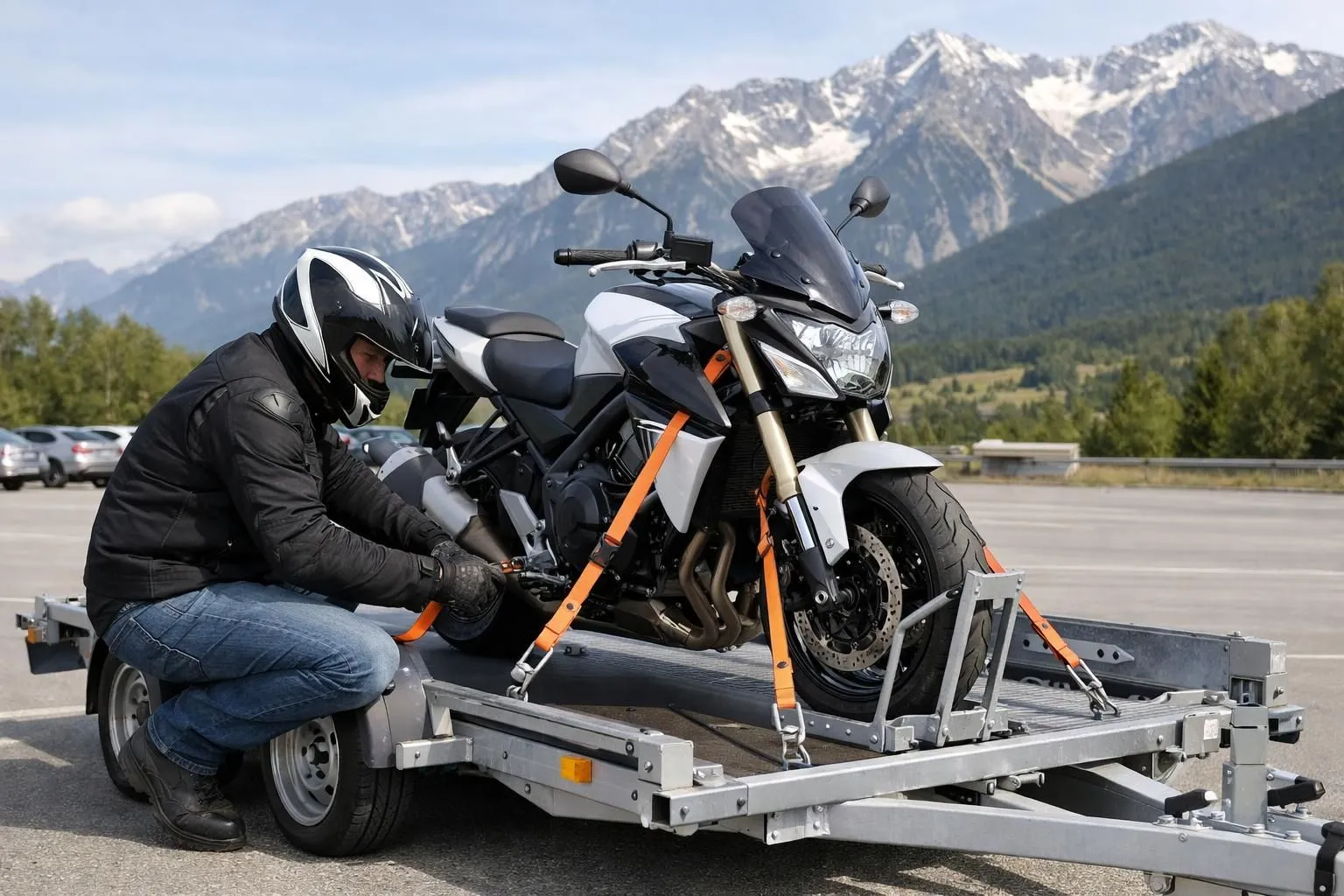 Une moto sécurisée sur une remorque de transport professionnelle dans un parking suisse, sangles de sécurité visibles, cadre extérieur de jour avec montagnes en arrière-plan, équipement moderne et propre.