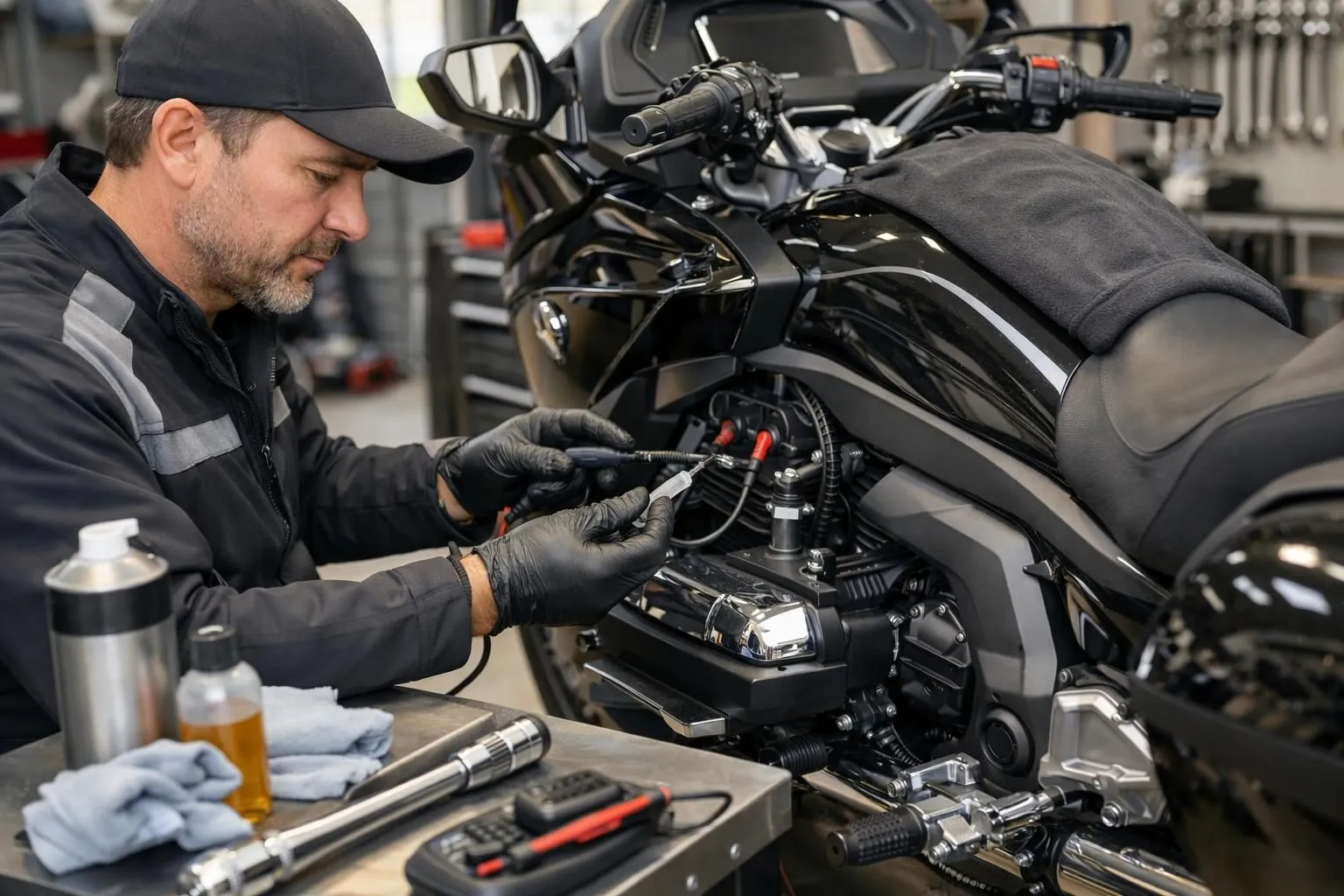 Espace de stockage de motos de luxe avec environnement climatisé, mécaniciens professionnels effectuant des services d'hivernage détaillés, atelier organisé avec outils et équipements spécialisés, espace intérieur sécurisé avec éclairage soigné.