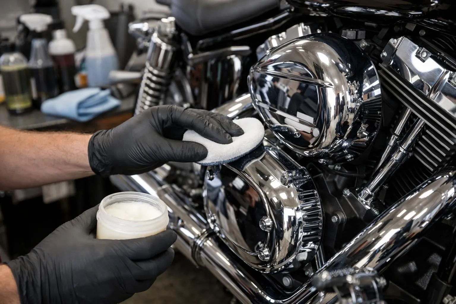 Mains gantées d'un mécanicien professionnel appliquant délicatement de la cire de protection sur les pièces chromées du moteur d'une moto dans un atelier suisse bien éclairé, avec des produits de nettoyage spécialisés visibles sur l'établi.