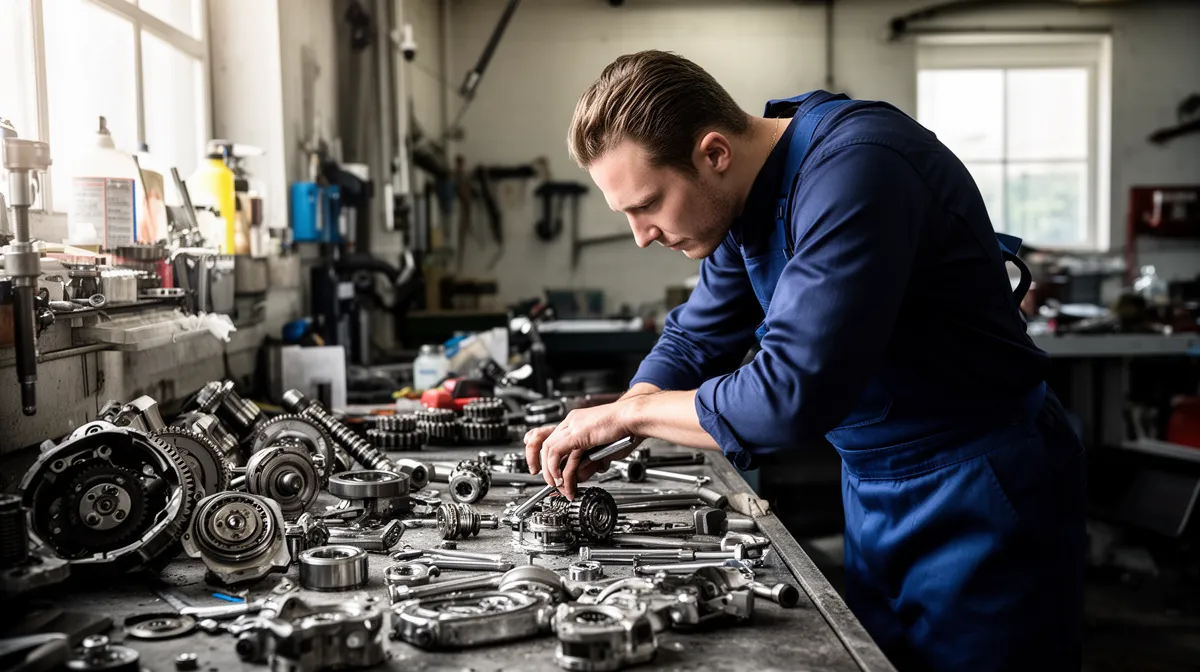 Mécanicien travaillant sur des pièces de moteur dans un atelier.
