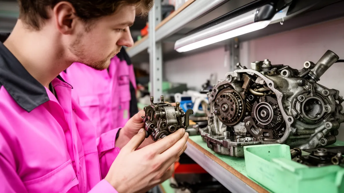 Un mécanicien en uniforme rose répare un moteur de moto dans un atelier.