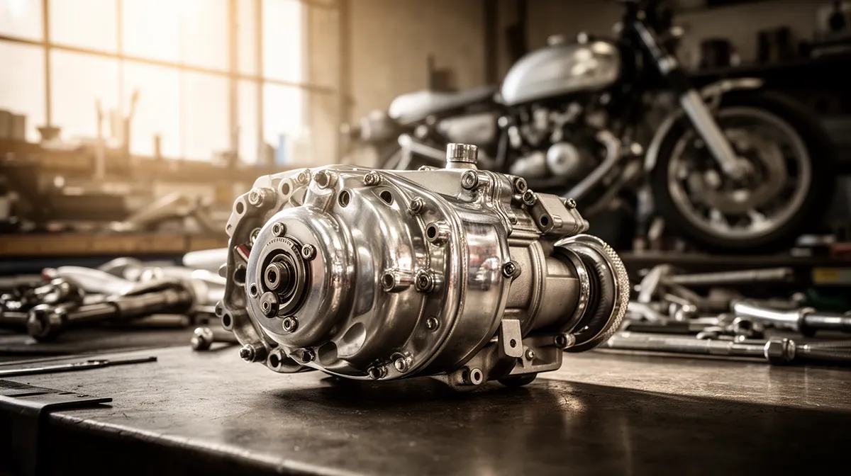 Pièce mécanique complexe d'un moteur de moto sur un établi.