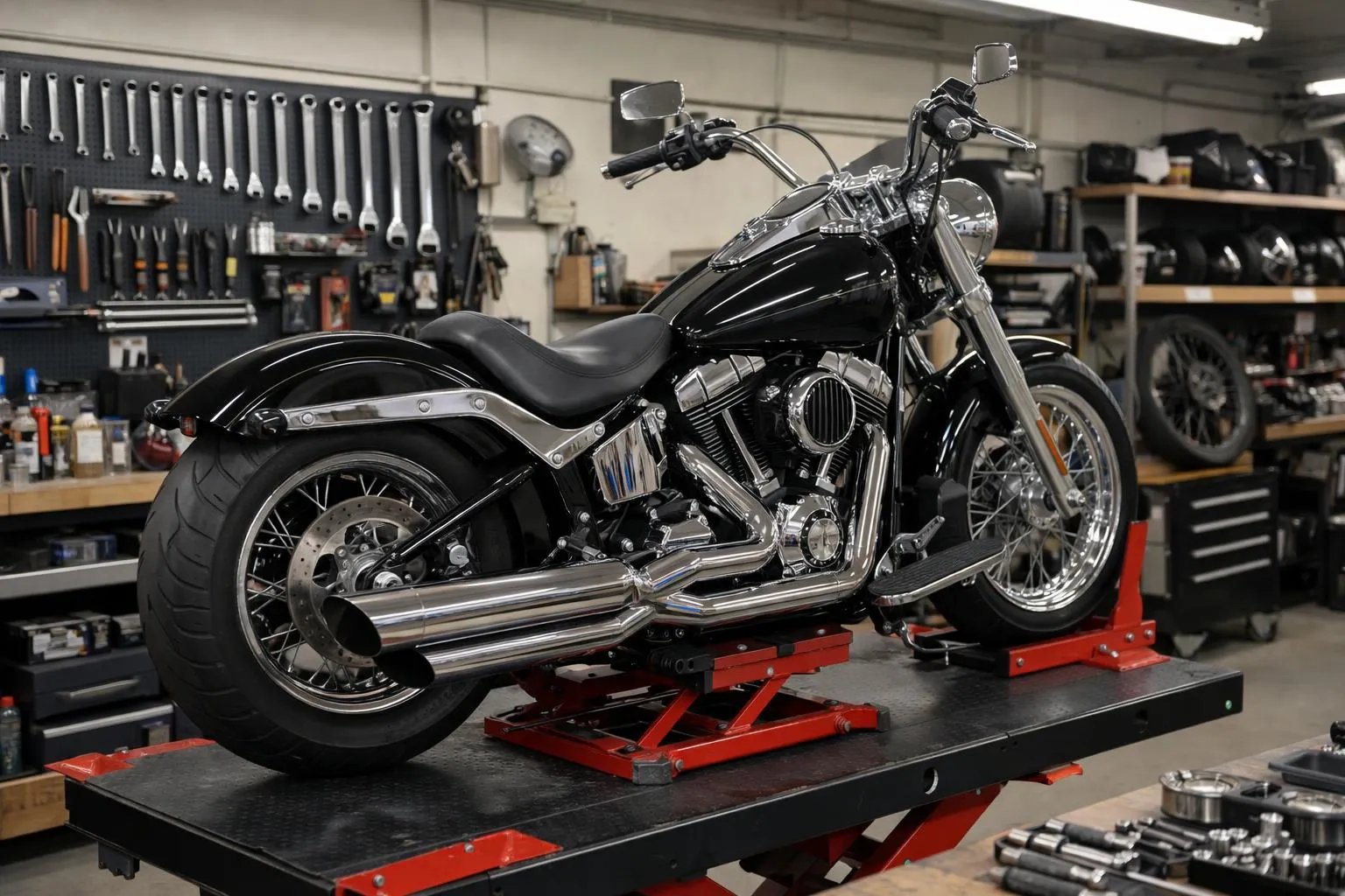 Moto noire sur un support de levage dans un atelier de réparation.