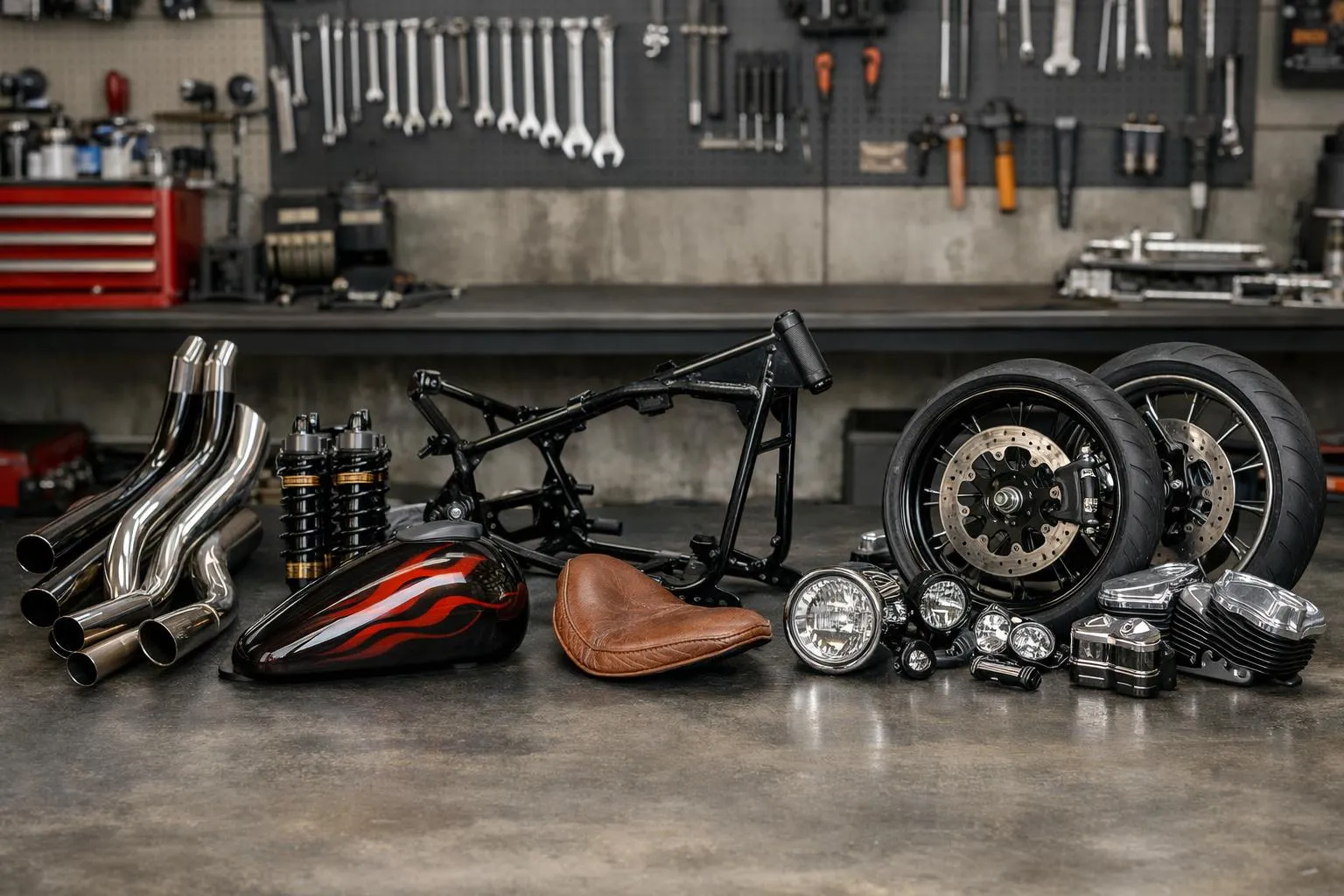 Pièces de moto, outils et accessoires dans un atelier mécanique.