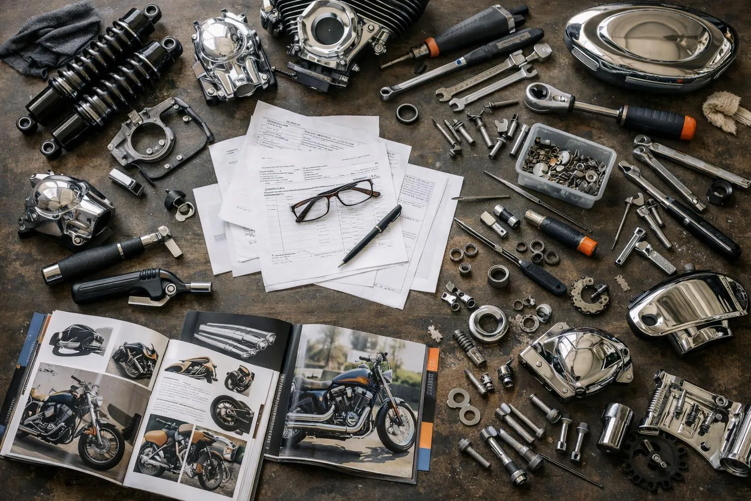Pièces de moto, outils et documents techniques éparpillés sur une surface sombre.