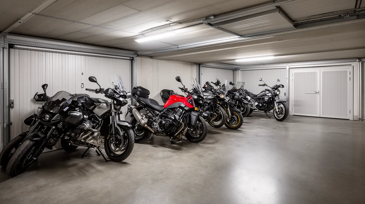 Garage rempli de motos de différents modèles et couleurs.