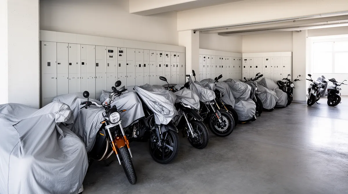 Rangée de motos couvertes dans un garage sécurisé.