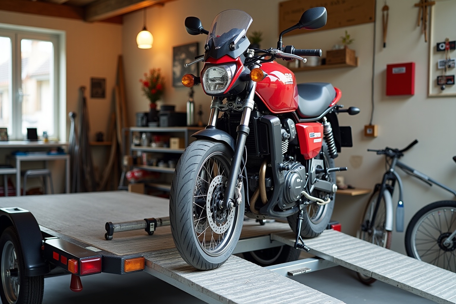 Moto rouge garée dans un garage avec accessoires.