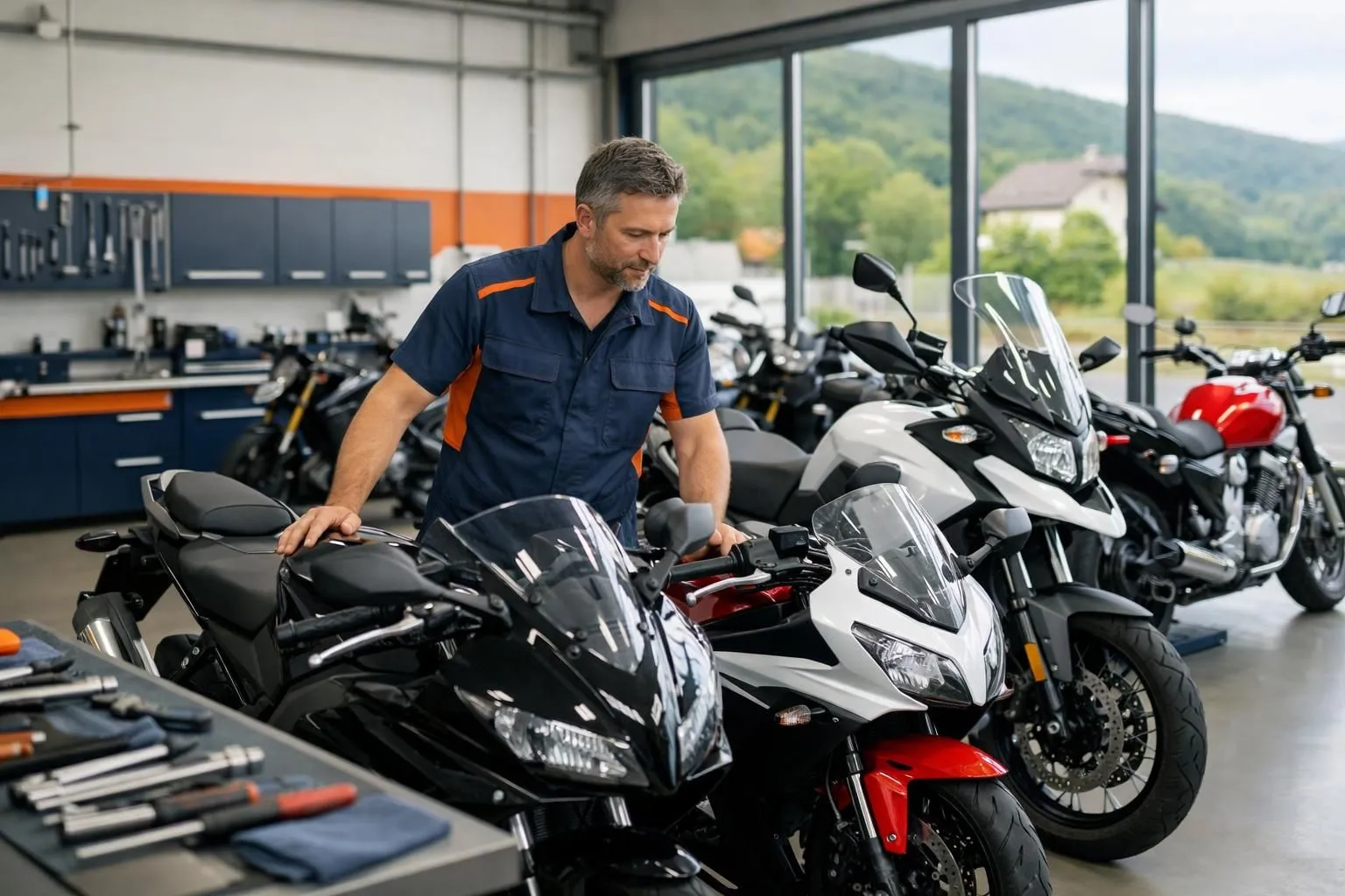 Mécanicien moto professionnel dans un atelier suisse propre, examinant différentes marques de motos côte à côte, outils sur l'établi, baie de service moderne avec plusieurs motos, dont des modèles sportifs et classiques, éclairage naturel par de grandes fenêtres, cadre