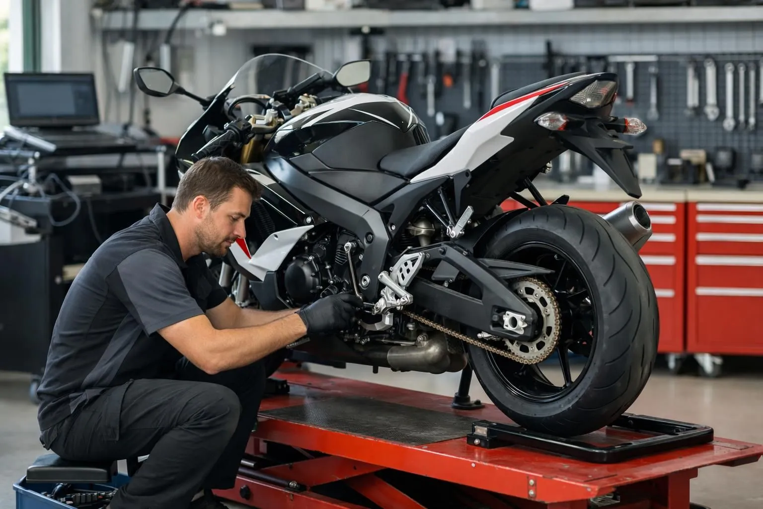 Un mécanicien moto effectue un entretien détaillé sur une moto de sport dans un atelier bien équipé avec outils de diagnostic, plateforme de levage et armoires à outils organisées, éclairage naturel par de grandes fenêtres, environnement professionnel montrant des capacités de service multi-