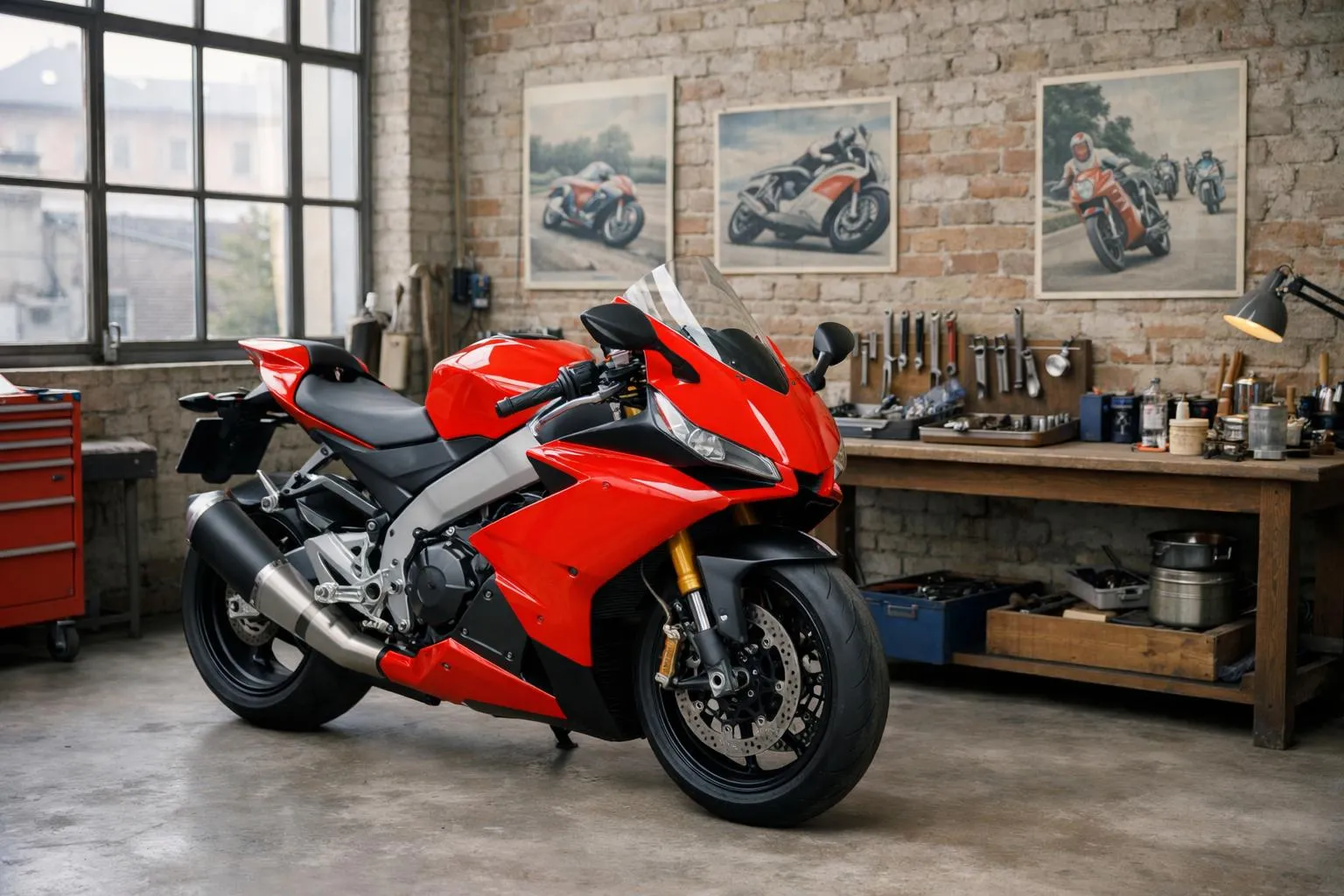 Moto sportive rouge vif dans un atelier de mécanique.