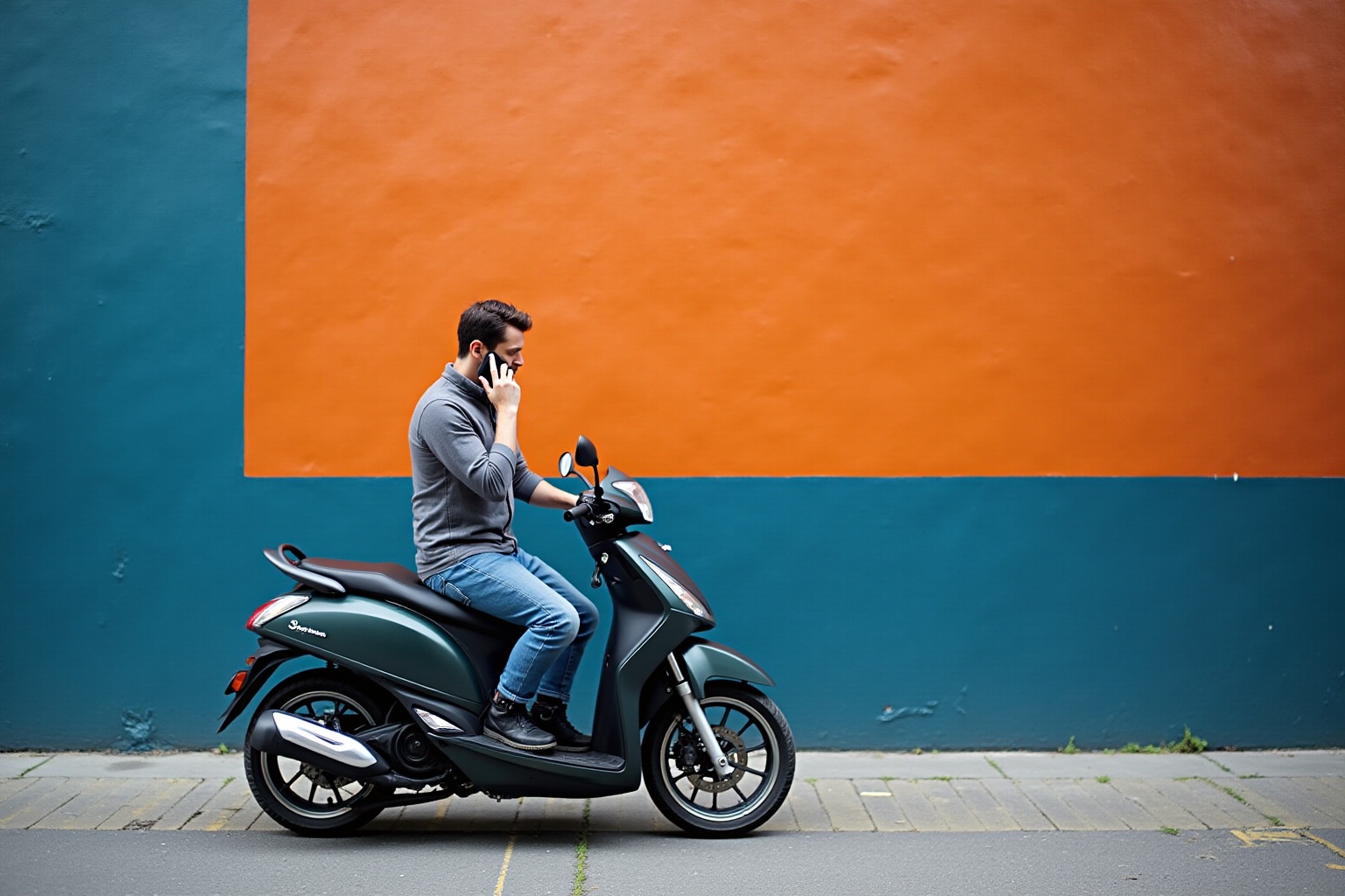 Homme sur un scooter électrique devant un mur orange et bleu.