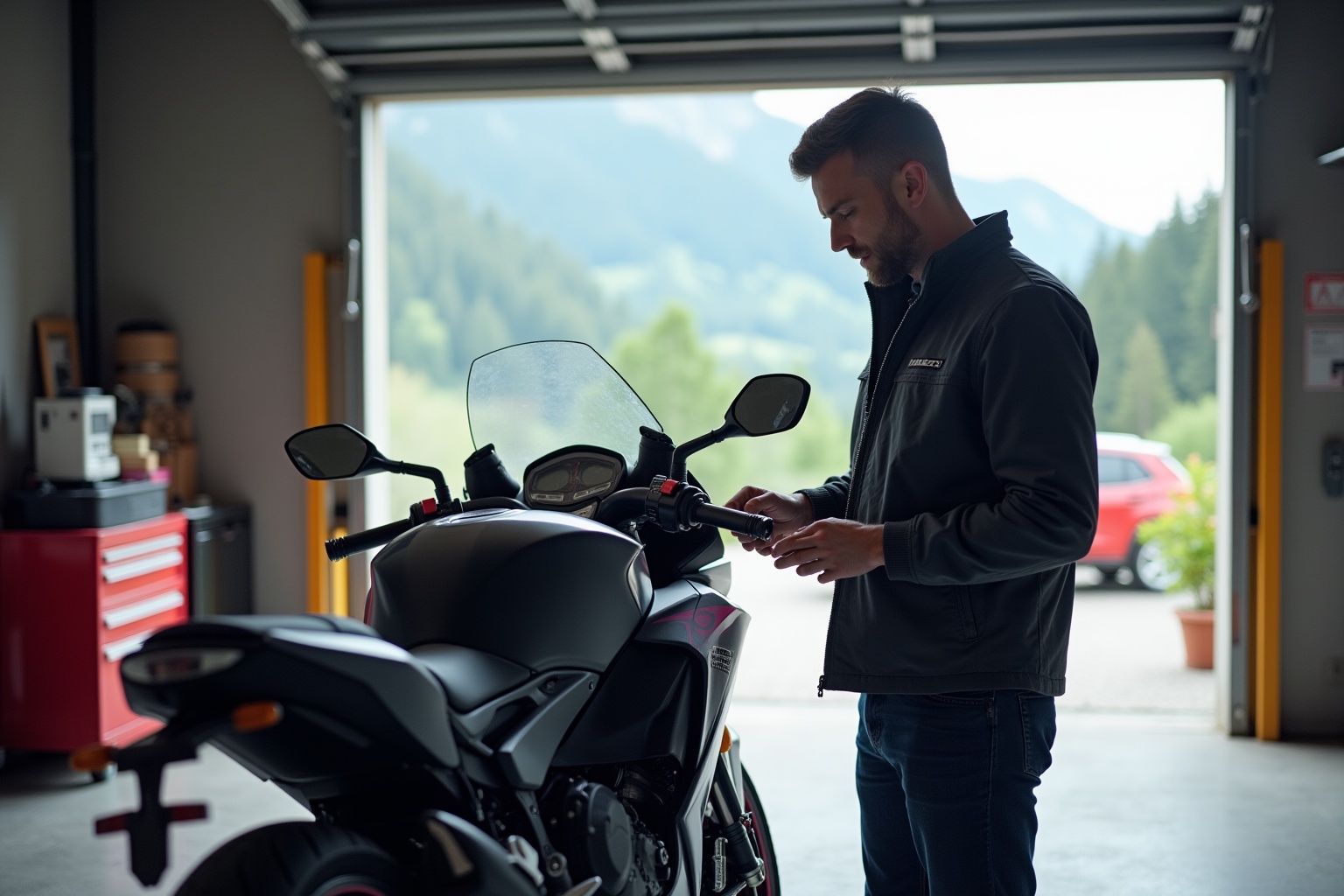 Un homme en veste noire examine attentivement une moto garée dans un garage.