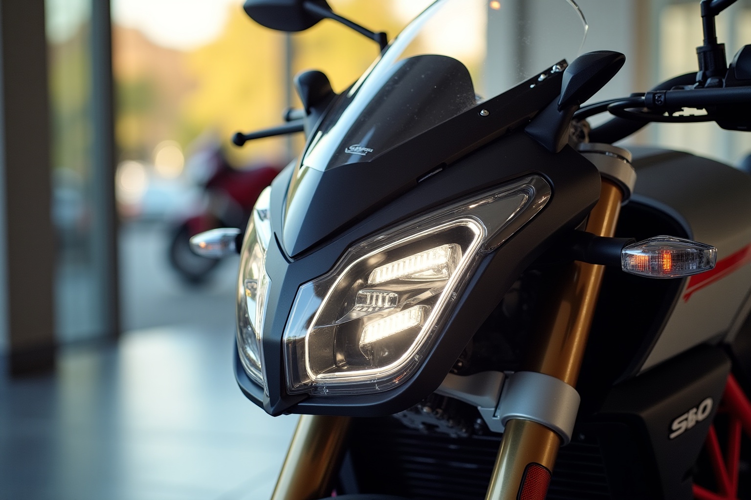 Moto sport noire avec phares et rétroviseurs.