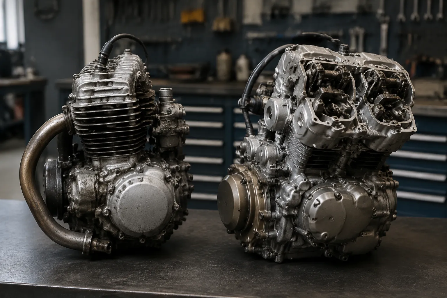 Moteurs de moto vintage en métal, détails techniques complexes.