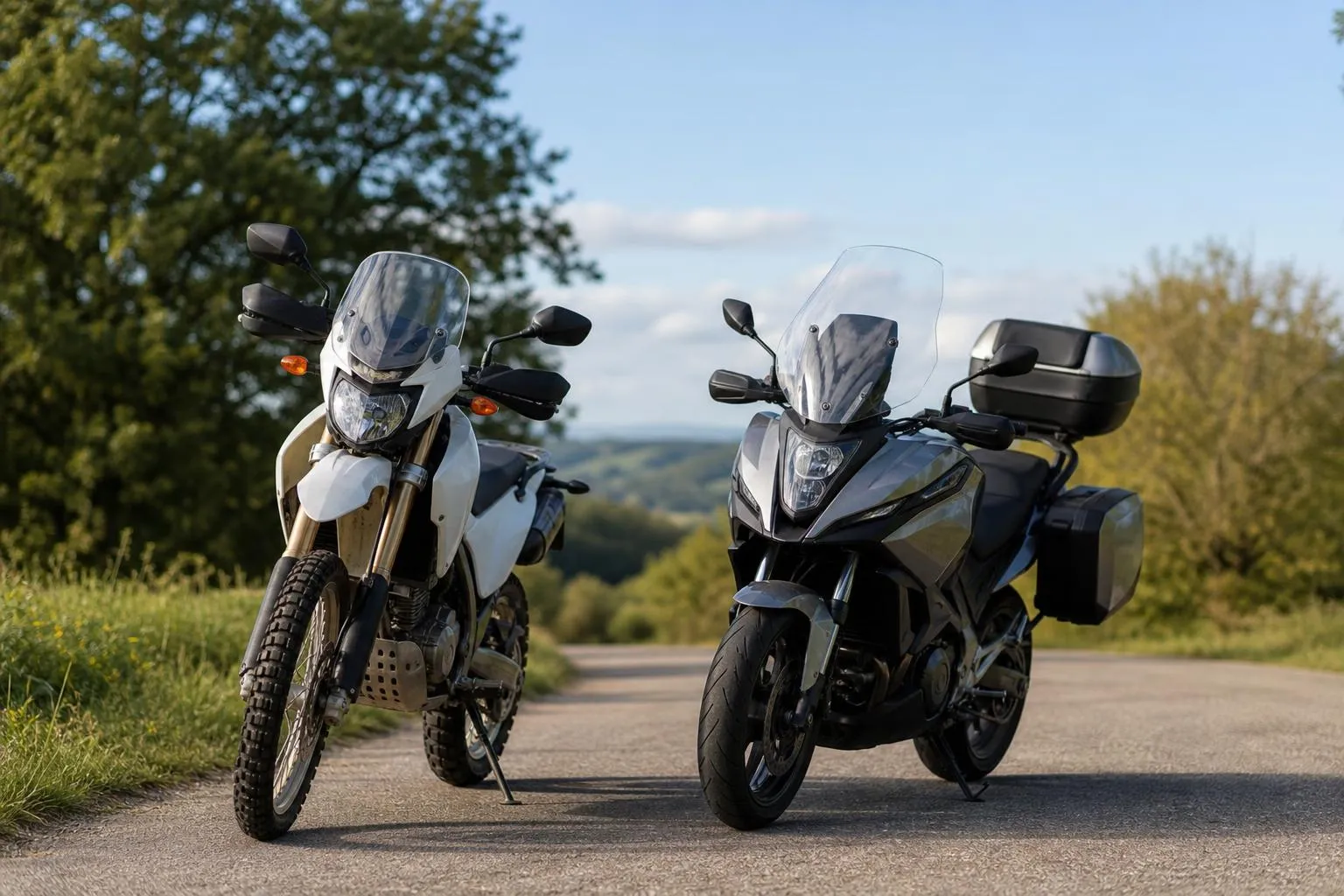 Deux motos de randonnée sur une route de campagne avec un paysage verdoyant à l'arrière-plan.
