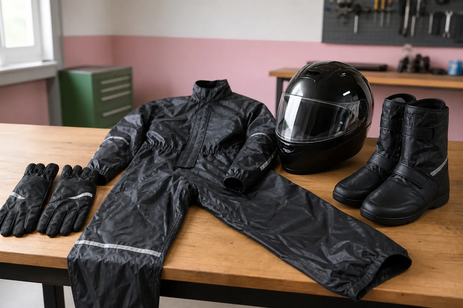 Équipement de protection individuelle pour la moto, comprenant veste, casque, gants et bottes.