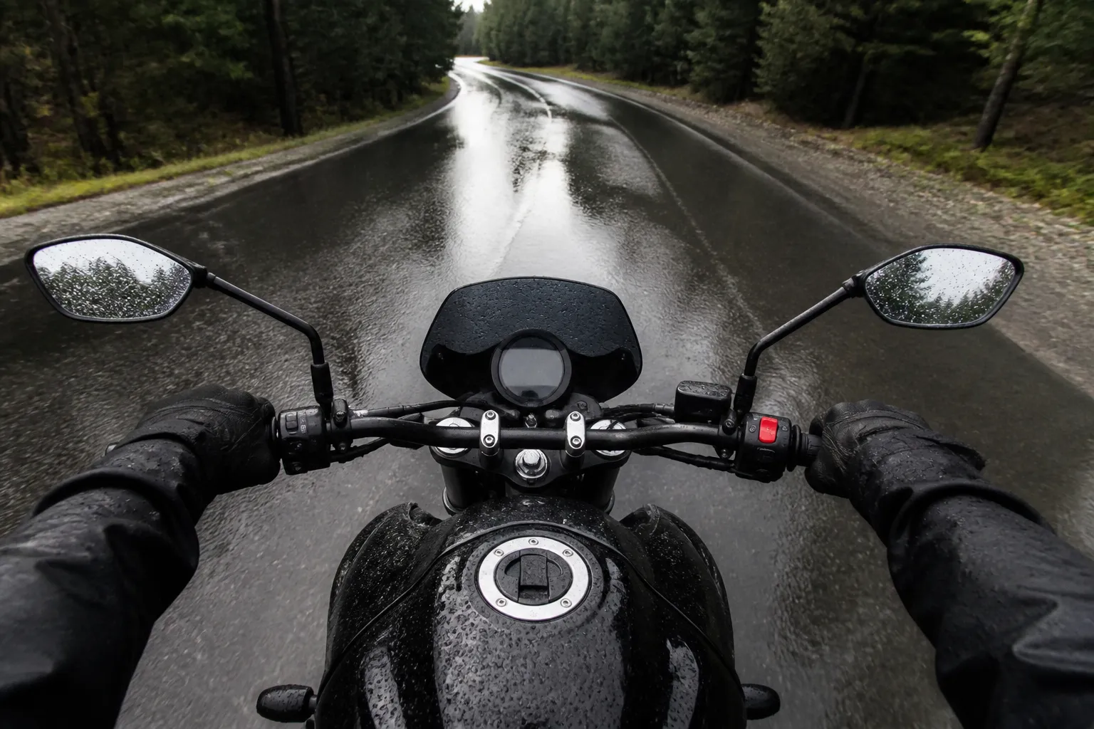 Route sinueuse sous la pluie, vue du guidon d'une moto.