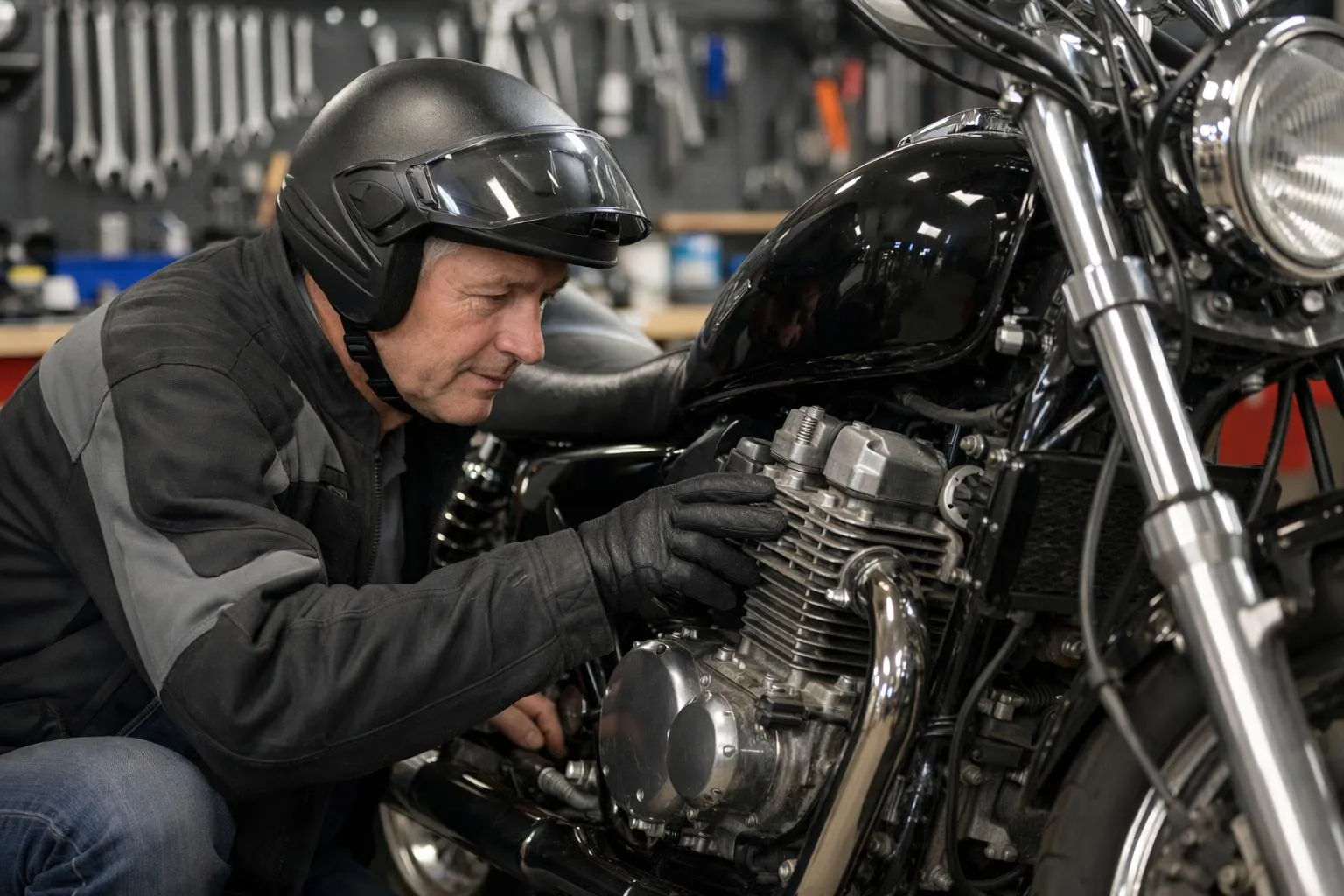 Un motocycliste expérimenté inspecte une moto d'occasion bien entretenue dans un atelier suisse professionnel, examinant les détails du moteur et l'état du cadre sous un éclairage vif, avec des outils de mécanicien visibles en arrière-plan.