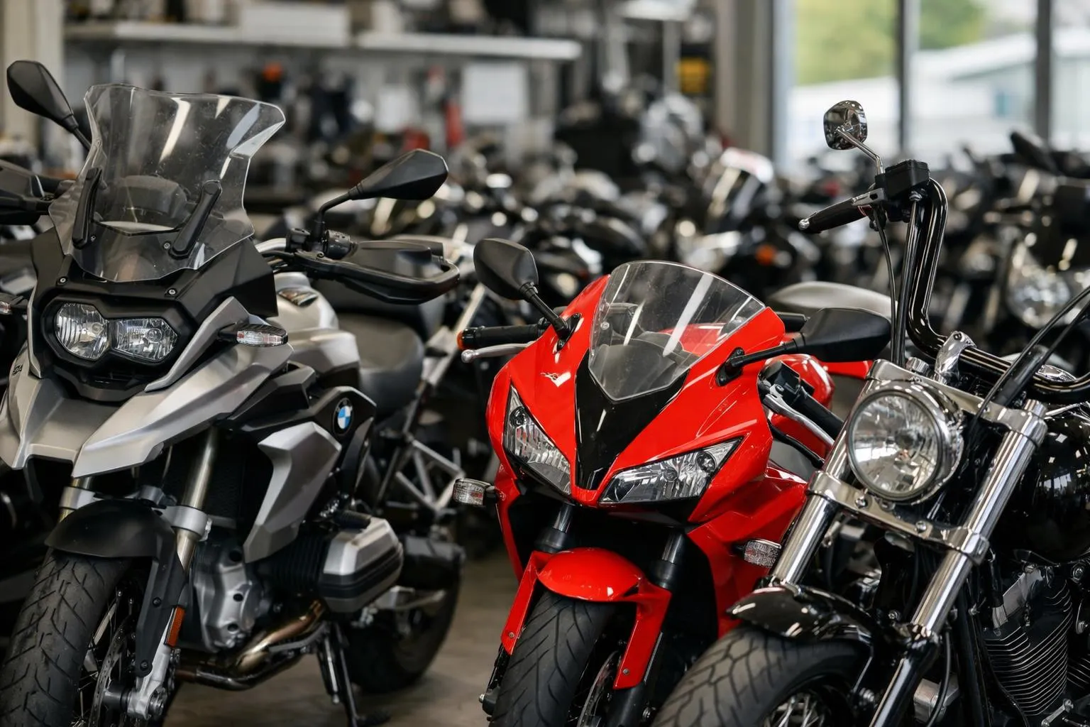Une large sélection de motos d'occasion de moins de 10 000 CHF exposées dans un showroom de concessionnaire de motos suisse, avec des BMW d'aventure, des Honda sportives et des cruisers personnalisés, prix affichés, éclairage naturel, environnement professionnel de concession m