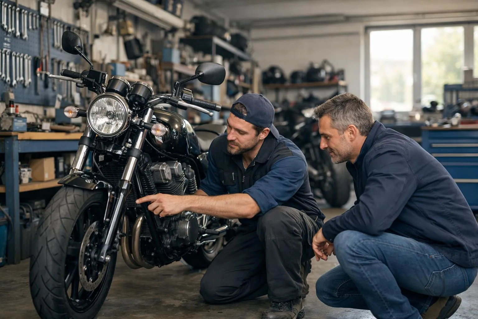 Un passionné de motos suisse parcourt les modèles d'un atelier indépendant local, où des motos vintage et modernes sont exposées. Un mécanicien conseille un client dans une ambiance accueillante, dans un cadre romand avec des outils professionnels visibles.