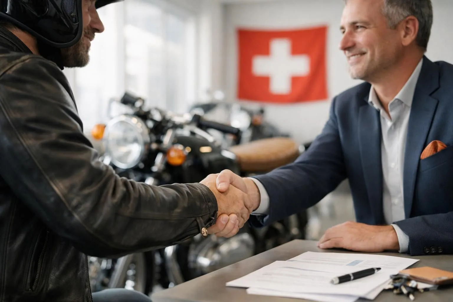 Un motocycliste serre la main d'un concessionnaire suisse à côté d'une moto vintage dans un showroom lumineux, une veste en cuir visible, des documents financiers sur le bureau, le drapeau suisse en arrière-plan.