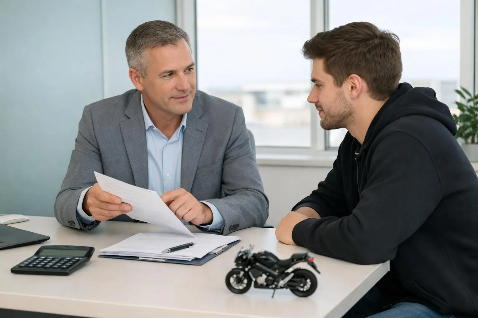 Conseiller financier professionnel dans un bureau suisse moderne discutant des documents de financement de moto avec un jeune client, calculatrice et documents visibles, éclairage naturel lumineux par les fenêtres, espace de travail contemporain épuré.
