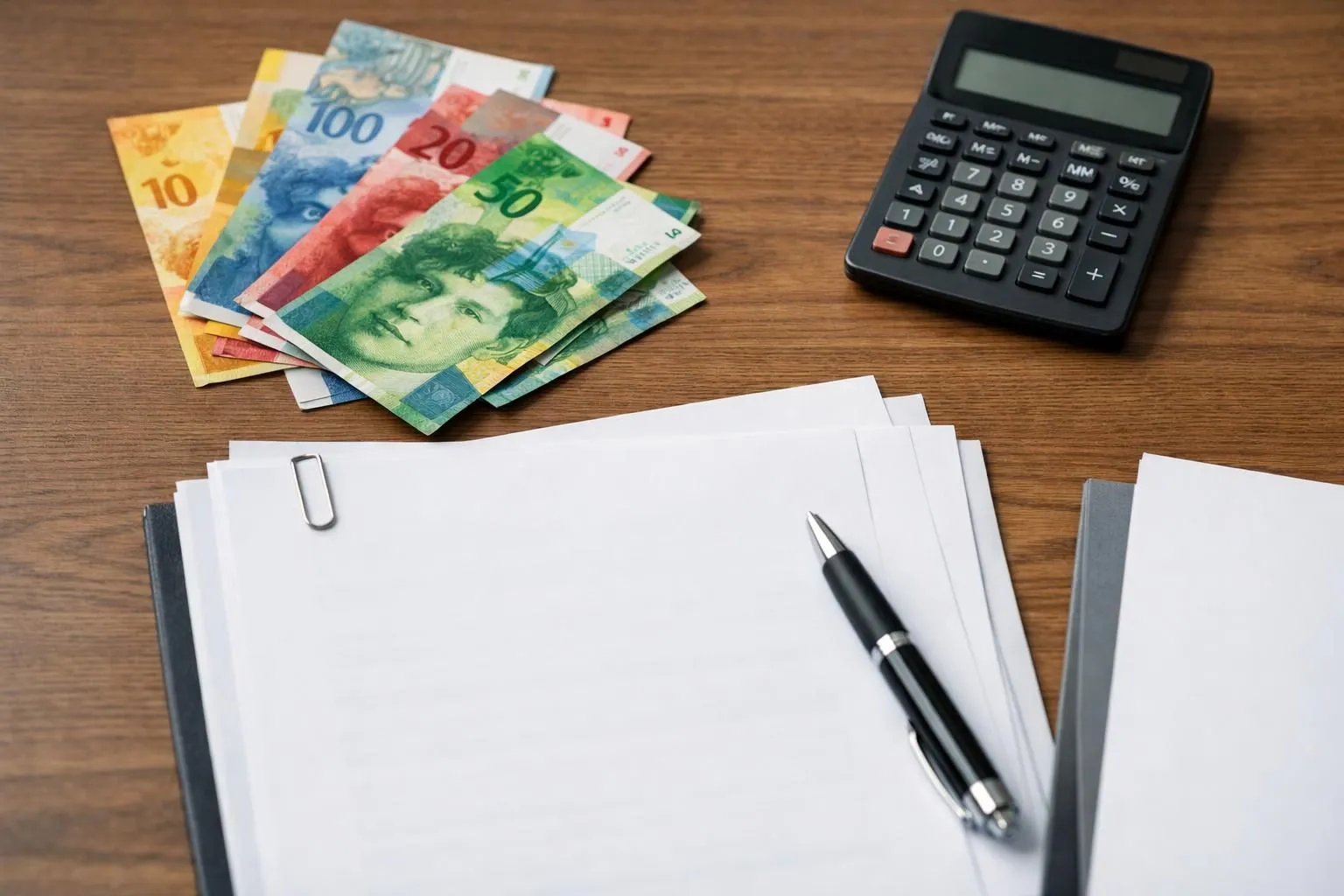Un conseiller financier examine des documents de prêt pour une moto avec un client au bureau d'un concessionnaire, avec des billets de franc suisse et une calculatrice visibles, dans un cadre professionnel suisse, style photo réaliste, sans texte visible.