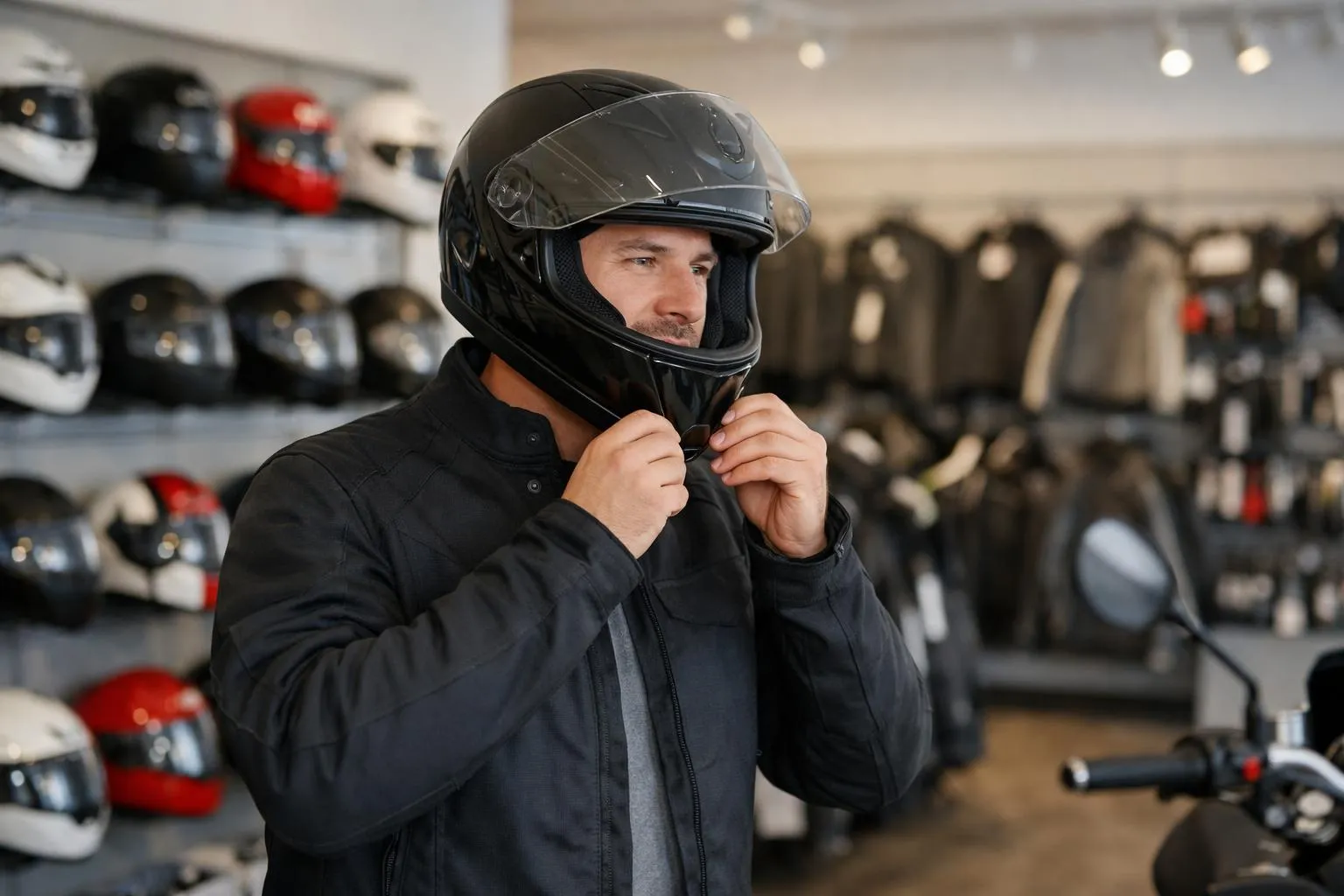 Homme en casque de moto noir dans un magasin de casques.