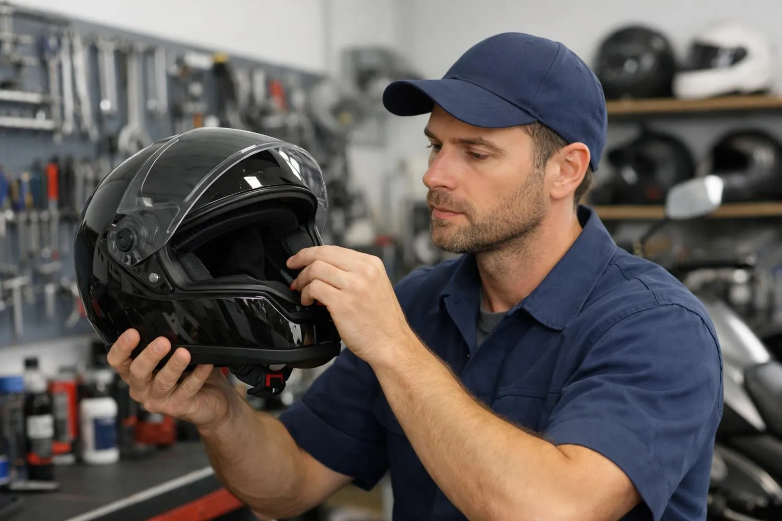 Un mécanicien examinant attentivement un casque de moto dans un atelier.