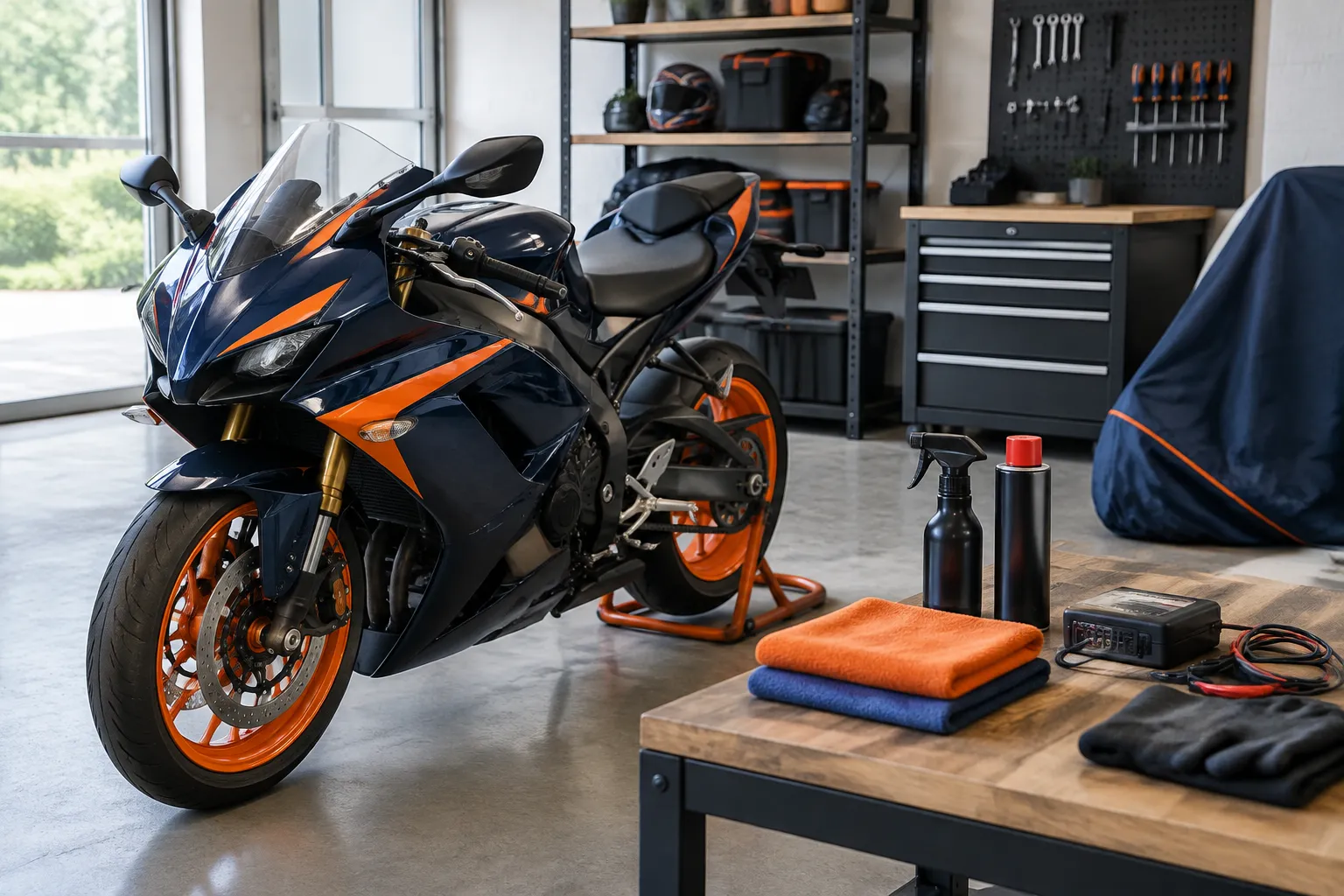 Moto sportive bleu marine et orange dans un garage aménagé