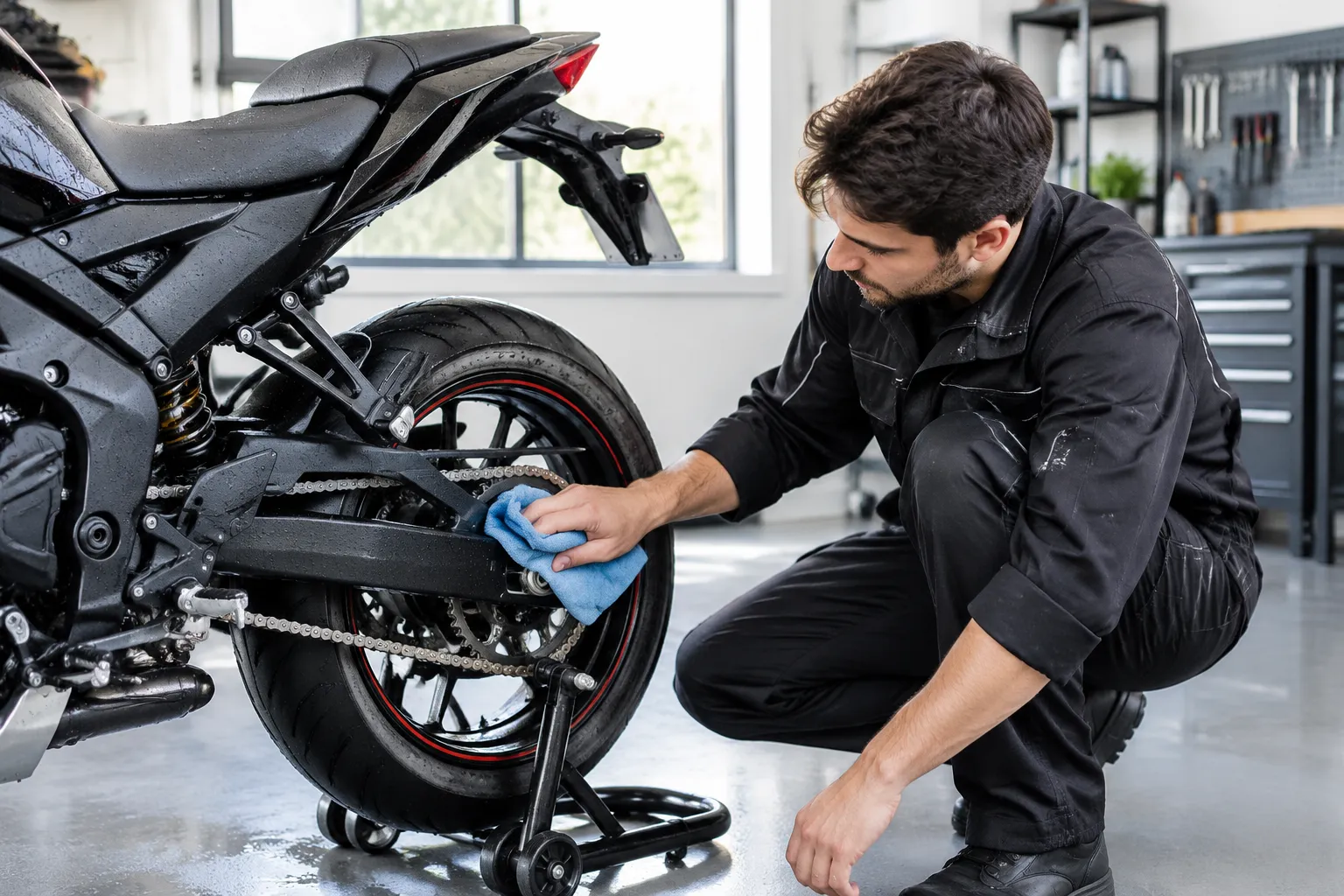 Mécanicien nettoyant la chaîne d’une moto noire.