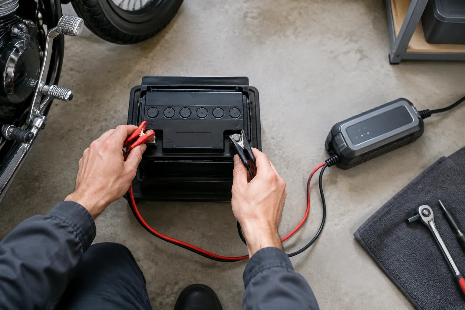 Mécanicien rechargeant une batterie de moto avec chargeur électrique