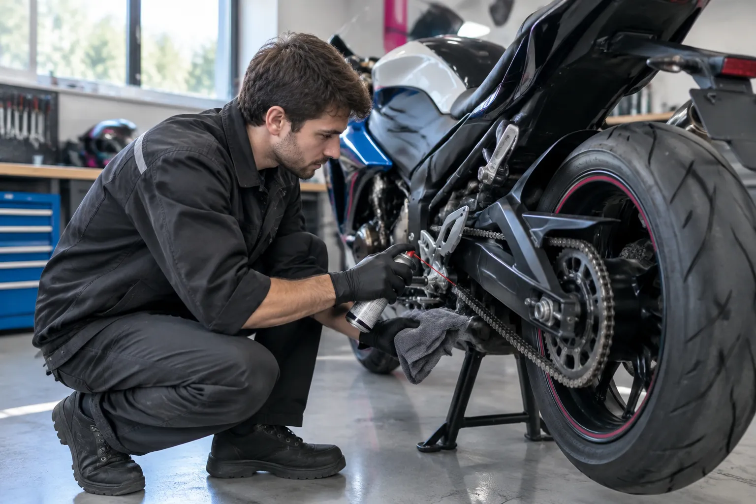 Mécanicien nettoyant la chaîne d’une moto sportive.