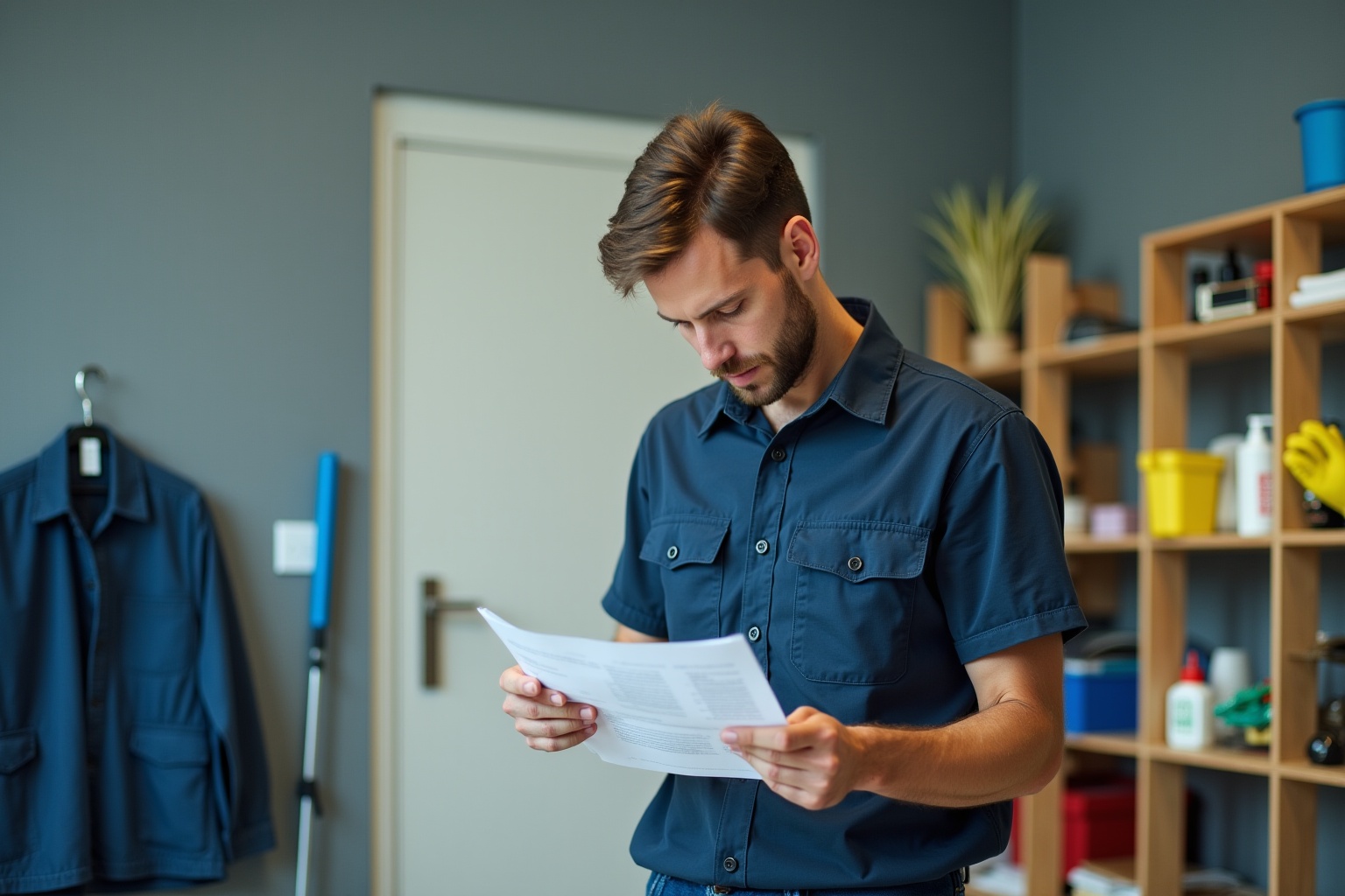 Homme en chemise bleue lisant attentivement un document.