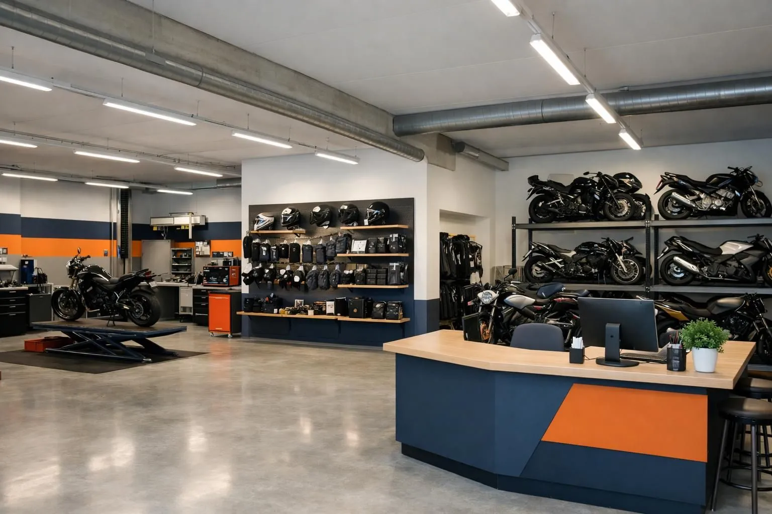 Intérieur moderne d'un garage de motos suisse avec plusieurs zones de service, mécanicien travaillant sur un pont élévateur, présentoir d'accessoires avec casques et équipements, zone de stockage avec motos hivernées, comptoir d'accueil convivial, éclairage naturel par de grandes