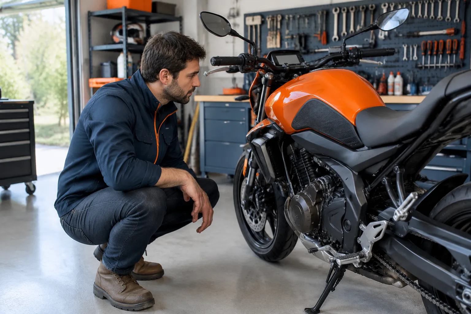 Mécanicien inspectant une moto orange dans un atelier.