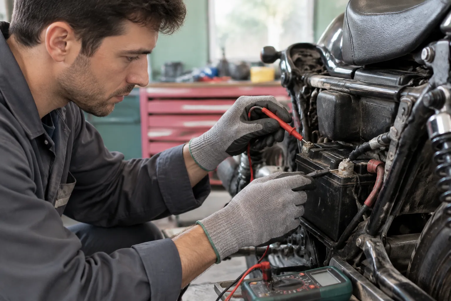 Mécanicien testant la batterie d’une moto au multimètre