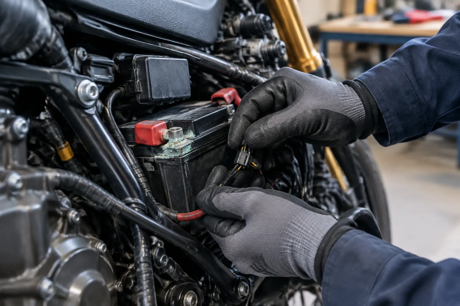 Mécanicien remplaçant la batterie d’une moto avec des gants.