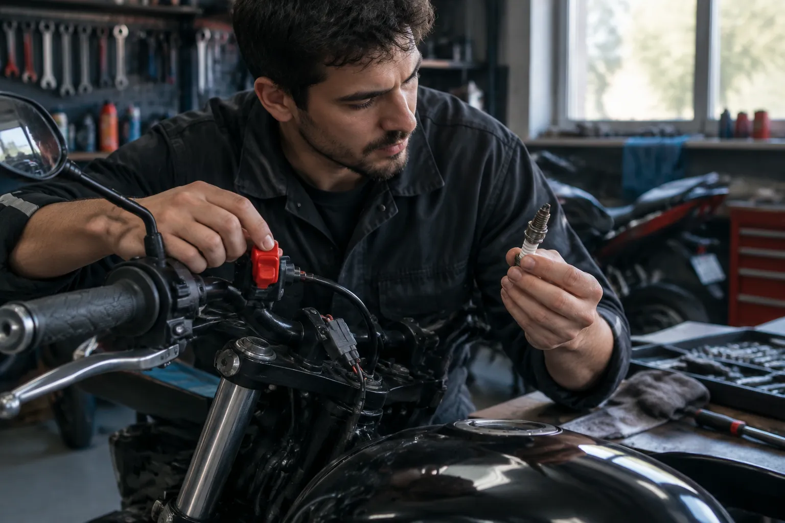 Mécanicien installant une bougie sur une moto en atelier