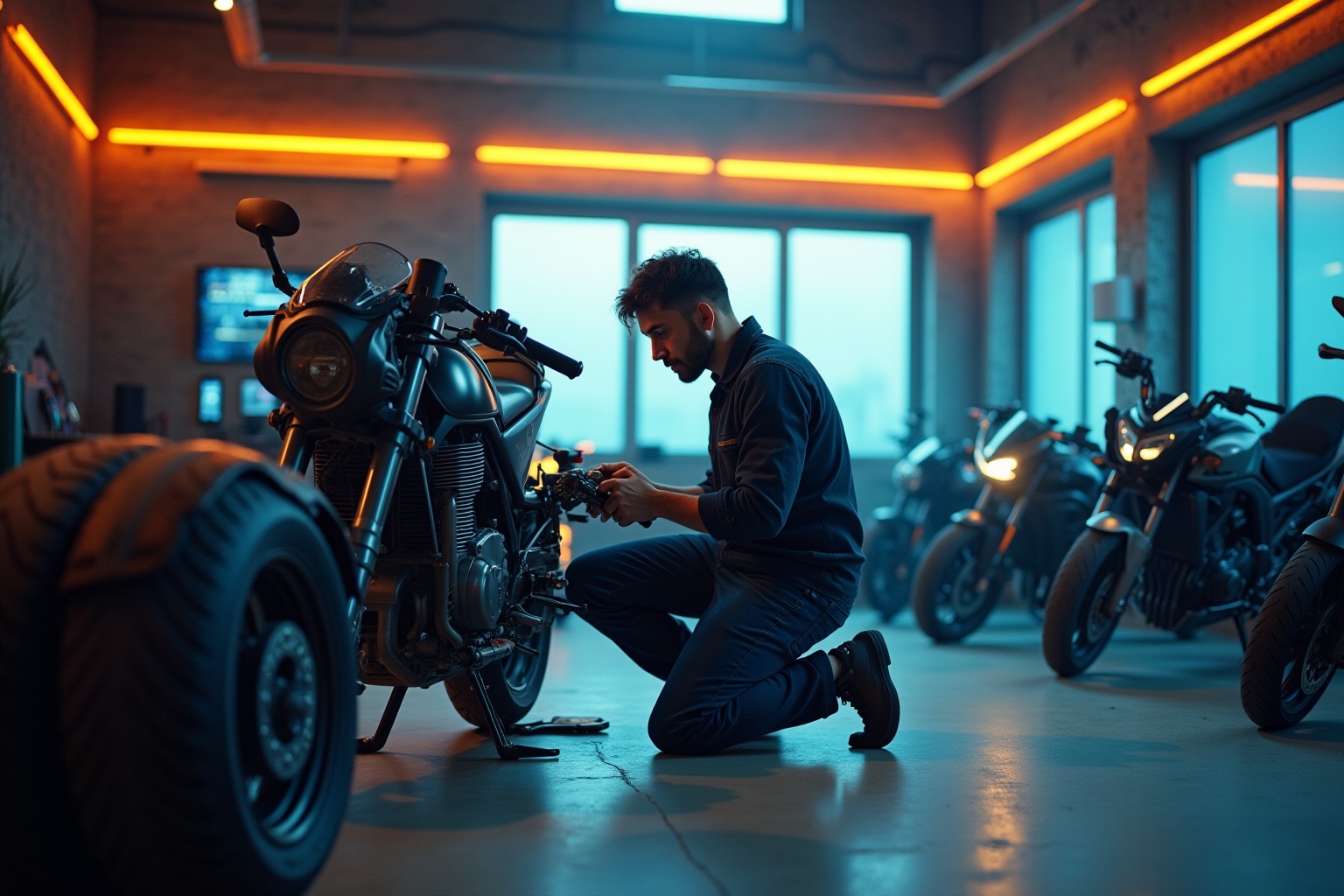 Homme réparant une moto noire dans un garage sombre et lumineux.